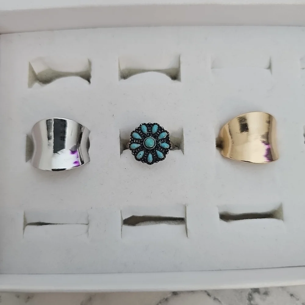 3 Pcs Adjustable Fashion Rings Gold Silver Blue Country Southern Girl